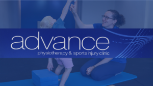 Advance Physiotherapy & sports injury clinic logo with a transparent overlay of a paediatric physio playing with a child